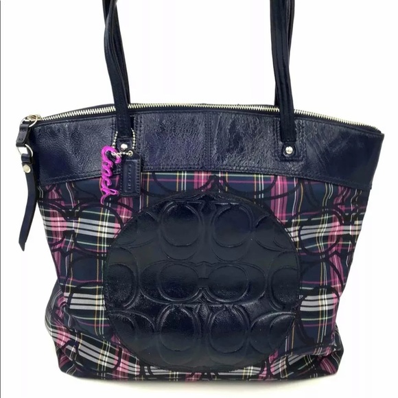 Coach Laura Signature Blue Plaid Multicolor Tartan Canvas Leather Tote Bag - Picture 2 of 12